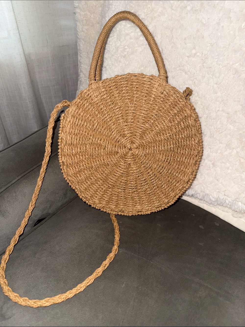 Woven Round Straw Crossbody Bag - Tan